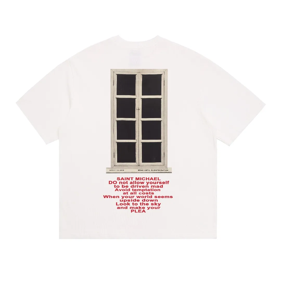 American Saint Michael, aint letter TEE retro print on the chest, washed and distressed, trendy Vintage loose short sleeves, digital white ink direct injection, the fabric is breathable, and the pattern is three-dimensional and clear. Fabric: Double yarn 240g Style number: S939 Size: S-M-L-XL Color: White Price: P110